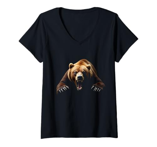 Damen Wütender Bärenkopf brüllend Wildtier Waldkunst T-Shirt mit V-Ausschnitt Damen Wütender Bärenkopf brüllend Wildtier Waldkunst T-Shirt mit V-Ausschnitt von Bear Fun Designs