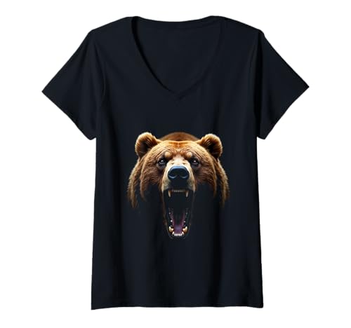Damen Wütender Bärenkopf brüllend Wildtier Waldkunst T-Shirt mit V-Ausschnitt Damen Wütender Bärenkopf brüllend Wildtier Waldkunst T-Shirt mit V-Ausschnitt von Bear Fun Designs