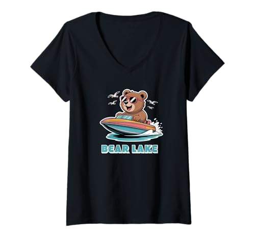 Damen Cute Bear Lake Utah and Idaho for Adults and Kids T-Shirt mit V-Ausschnitt von Bear Lake Utah and Idaho Cute Bear Boater