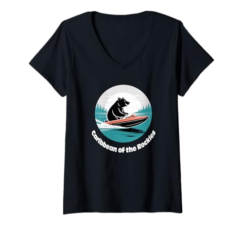 Damen Cute Bear Lake Utah and Idaho Caribbean of The Rockies T-Shirt mit V-Ausschnitt von Bear Lake Utah and Idaho Happy Bear Boater