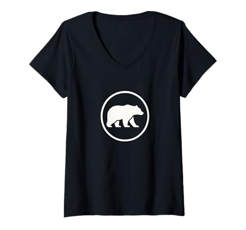 Damen Minimale Eisbär-Silhouette, Kreis-Emblem, Abenteuer-Sym T-Shirt mit V-Ausschnitt Damen Minimale Eisbär-Silhouette, Kreis-Emblem, Abenteuer-Sym T-Shirt mit V-Ausschnitt von Bear Loop