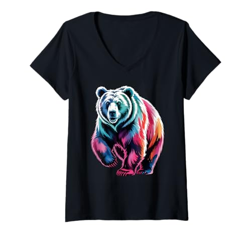 Damen Bunte Farbspritzer im Bären-Poster-Stil T-Shirt mit V-Ausschnitt von Bear Lover Apparel & Arts
