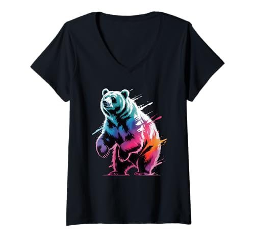 Damen Farbenfroher Bär Poster-Stil Farbspritzer Kunst Grafik Splash T-Shirt mit V-Ausschnitt von Bear Lover Apparel & Arts