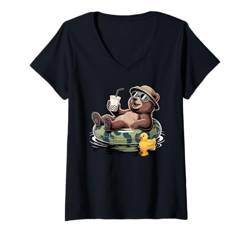 Damen Bär Boba Perlen Milchtee Bären T-Shirt mit V-Ausschnitt Damen Bär Boba Perlen Milchtee Bären T-Shirt mit V-Ausschnitt von Bear Lover Gifts