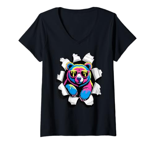 Damen Gerissener Papiereffekt Bär Sonnenbrille Bären T-Shirt mit V-Ausschnitt Damen Gerissener Papiereffekt Bär Sonnenbrille Bären T-Shirt mit V-Ausschnitt von Bear Lover Gifts