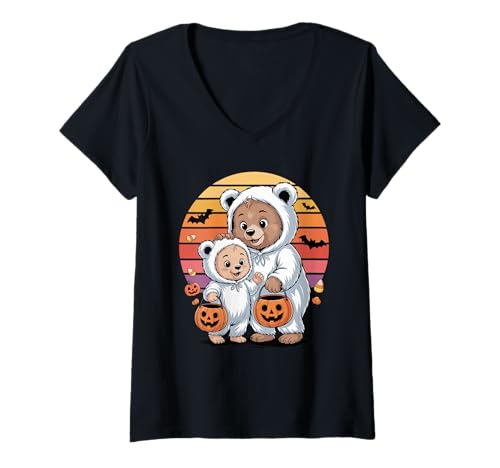 Damen Halloween Bär Geist Bären T-Shirt mit V-Ausschnitt Damen Halloween Bär Geist Bären T-Shirt mit V-Ausschnitt von Bear Lover Gifts