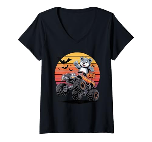 Damen Halloween Monstertruck Bär Bären T-Shirt mit V-Ausschnitt Damen Halloween Monstertruck Bär Bären T-Shirt mit V-Ausschnitt von Bear Lover Gifts