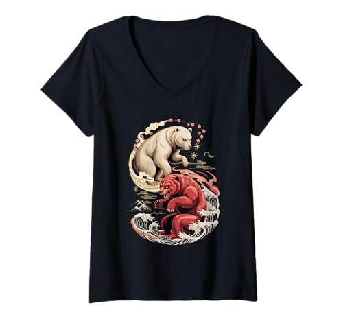Damen Japanische Kunst Wellen Bär Bären T-Shirt mit V-Ausschnitt von Bear Lover Gifts