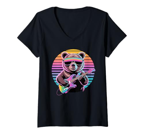 Damen Retro Bär Gitarrist Bären Gitarre T-Shirt mit V-Ausschnitt Damen Retro Bär Gitarrist Bären Gitarre T-Shirt mit V-Ausschnitt von Bear Lover Gifts