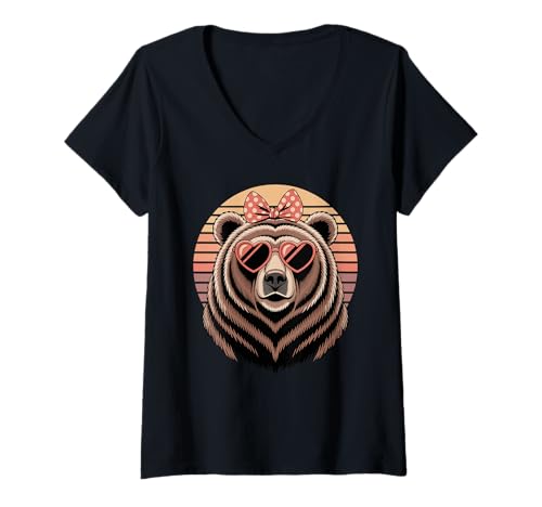 Damen Retro Bär Sonnenbrille Bären T-Shirt mit V-Ausschnitt Damen Retro Bär Sonnenbrille Bären T-Shirt mit V-Ausschnitt von Bear Lover Gifts