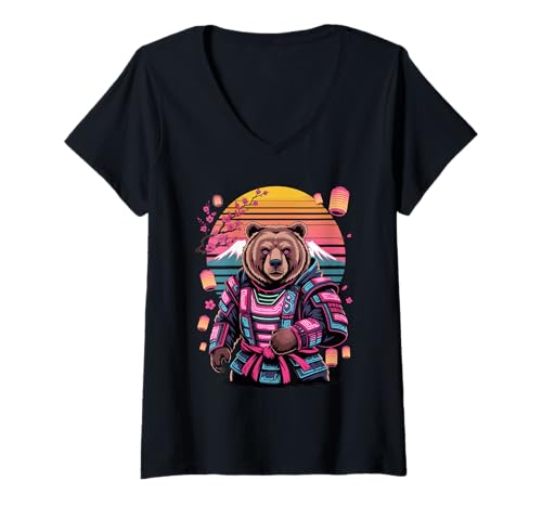 Damen Retro Samurai Bär Bären T-Shirt mit V-Ausschnitt Damen Retro Samurai Bär Bären T-Shirt mit V-Ausschnitt von Bear Lover Gifts