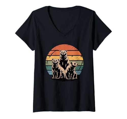Damen Retro Sonnenuntergang Bären Silhouette Bär T-Shirt mit V-Ausschnitt Damen Retro Sonnenuntergang Bären Silhouette Bär T-Shirt mit V-Ausschnitt von Bear Lover Gifts