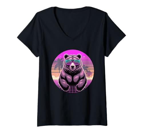 Damen Retro Synthwave Bär Sonnenbrille Bären T-Shirt mit V-Ausschnitt von Bear Lover Gifts