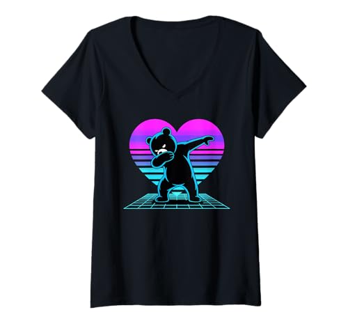 Damen Retrowave Herz Dabender Bär T-Shirt mit V-Ausschnitt Damen Retrowave Herz Dabender Bär T-Shirt mit V-Ausschnitt von Bear Lover Gifts