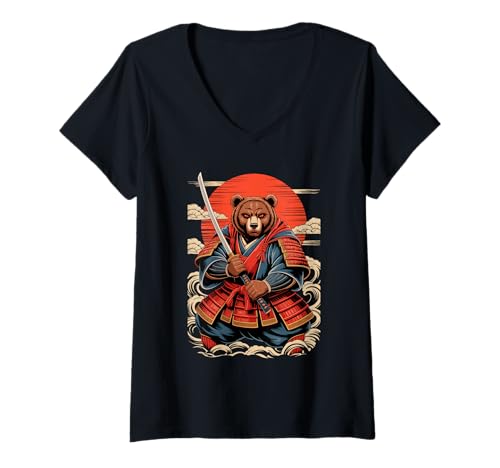 Damen Samurai Bär Katana Schwert Bären T-Shirt mit V-Ausschnitt Damen Samurai Bär Katana Schwert Bären T-Shirt mit V-Ausschnitt von Bear Lover Gifts
