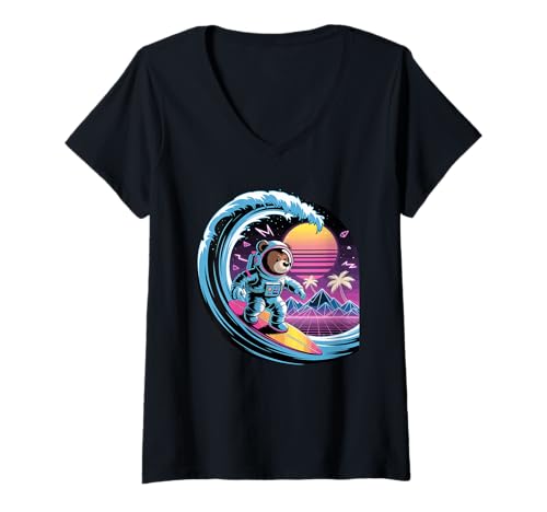 Damen Synthwave Surfer Bär Astronaut Bären T-Shirt mit V-Ausschnitt Damen Synthwave Surfer Bär Astronaut Bären T-Shirt mit V-Ausschnitt von Bear Lover Gifts