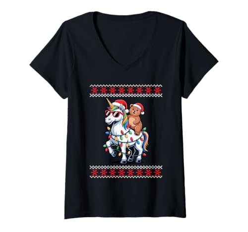 Damen Weihnachten Bär Einhorn Sonnenbrille Bären T-Shirt mit V-Ausschnitt Damen Weihnachten Bär Einhorn Sonnenbrille Bären T-Shirt mit V-Ausschnitt von Bear Lover Gifts