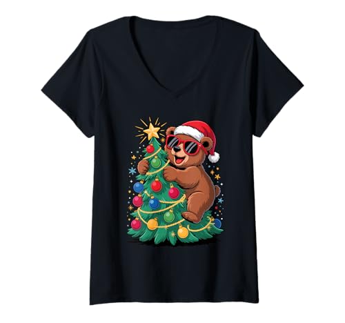 Damen Weihnachtsbaum Bär Sonnenbrille Bären T-Shirt mit V-Ausschnitt Damen Weihnachtsbaum Bär Sonnenbrille Bären T-Shirt mit V-Ausschnitt von Bear Lover Gifts
