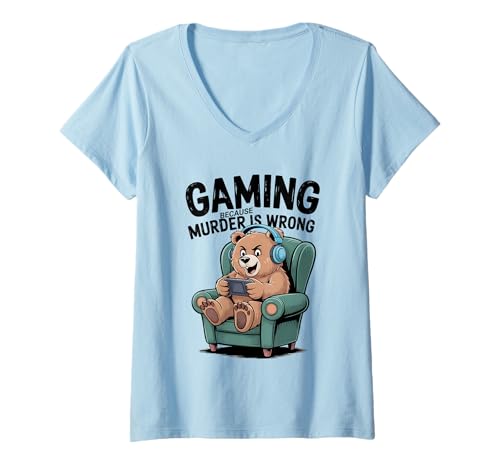 Damen Spielen, Weil Mord falsch ist, Gamer Bear T-Shirt mit V-Ausschnitt von Bear Lover Nature Rage Mode Apparel