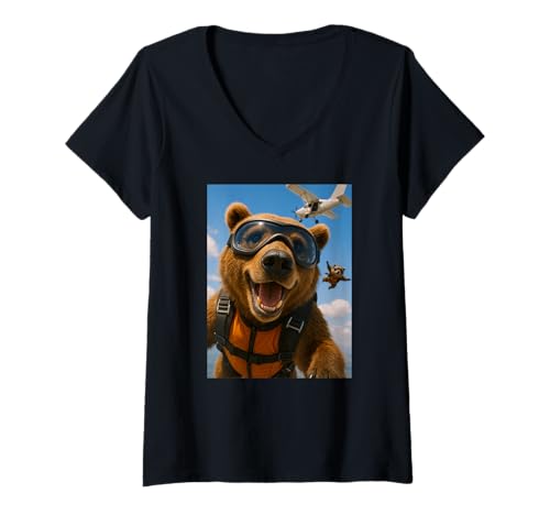 Damen Bär, Fallschirmspringen, Tierliebhaber, Zoo, Jungen, Mädchen, Kinder T-Shirt mit V-Ausschnitt Damen Bär, Fallschirmspringen, Tierliebhaber, Zoo, Jungen, Mädchen, Kinder T-Shirt mit V-Ausschnitt von BearAxis1