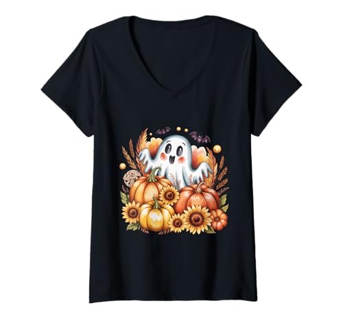 Damen Gruselig niedlich gespenstische Ernte charmant Halloween Herbst T-Shirt mit V-Ausschnitt von BearWoof