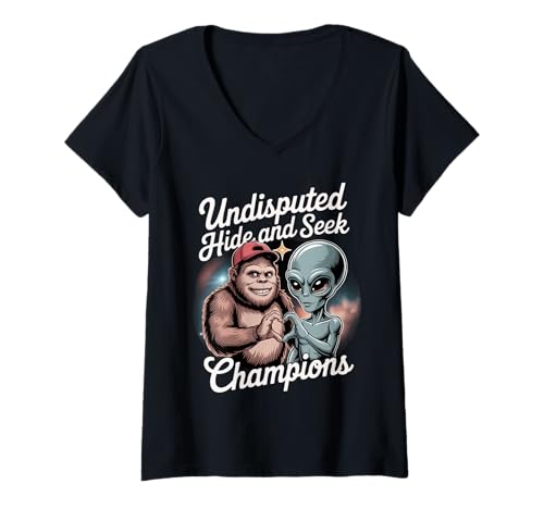 Damen Unangefochtene Versteck-Champions Bigfoot & Alien Funny T-Shirt mit V-Ausschnitt Damen Unangefochtene Versteck-Champions Bigfoot & Alien Funny T-Shirt mit V-Ausschnitt von BearWoof
