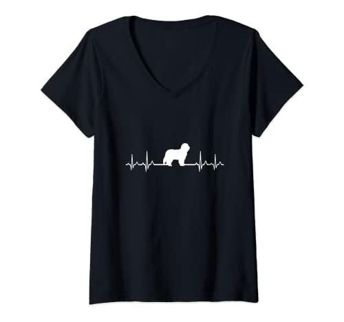 Damen Heartbeat Dog – EKG Pulse Bearded Collie T-Shirt mit V-Ausschnitt von Bearded Collie Gift for Men, Dad, Mom & Women