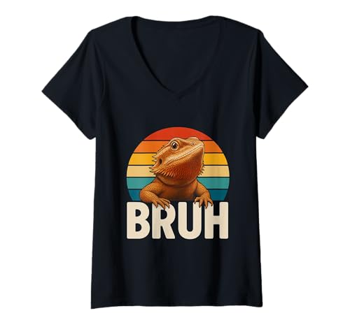 Damen Lustiger Bartagrache Bruh Retro Sonnenuntergang Vintage T-Shirt mit V-Ausschnitt Damen Lustiger Bartagrache Bruh Retro Sonnenuntergang Vintage T-Shirt mit V-Ausschnitt von Bearded Dragon Bruh Vibe for Reptile Lovers