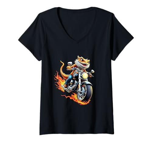 Damen Bartagame auf dem Motorrad reitend lustiger Bartagame T-Shirt mit V-Ausschnitt Damen Bartagame auf dem Motorrad reitend lustiger Bartagame T-Shirt mit V-Ausschnitt von Bearded Dragon Lovers Designs