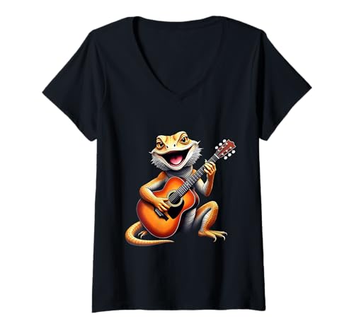 Damen Lustiger Bartagrache spielt Gitarre Design für Musikliebhaber T-Shirt mit V-Ausschnitt von Bearded Dragon Lovers Designs