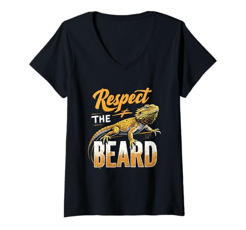 Damen Bartdrache Respect The Beard Expressive Cool Reptile T-Shirt mit V-Ausschnitt von Bearded Dragon Lovers Enthusiast Lizards Fans