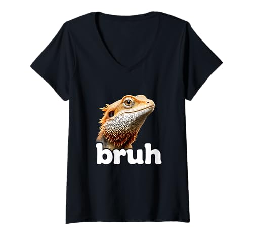 Damen Lustiger Bartdrache Bruh Expression sarkastischer Humor T-Shirt mit V-Ausschnitt von Bearded Dragon Lovers Enthusiast Lizards Fans