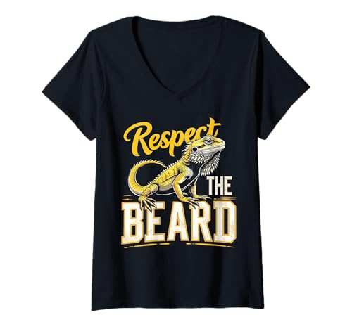Damen Lustiger Bartdrache Respect The Beard Cool Pet Reptile T-Shirt mit V-Ausschnitt von Bearded Dragon Lovers Enthusiast Lizards Fans