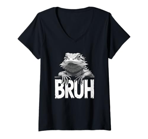 Damen Lustiger ausdrucksstarker Drache Eidechse Bruh Not Impressed T-Shirt mit V-Ausschnitt von Bearded Dragon Lovers Enthusiast Lizards Fans