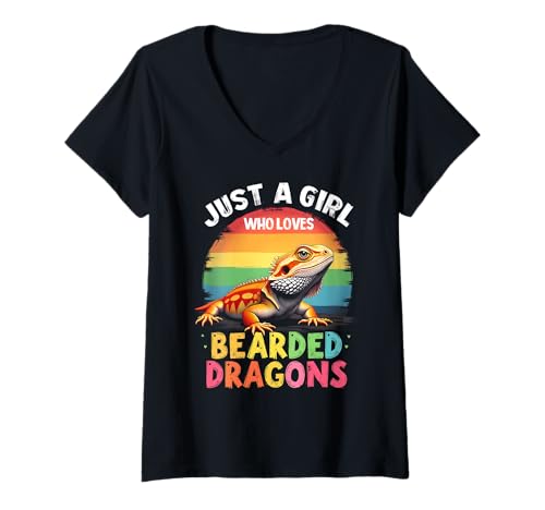 Damen Nur ein Mädchen, das Bartagamen liebt Süße Echse T-Shirt mit V-Ausschnitt von Bearded Dragon Lovers Enthusiast Lizards Fans