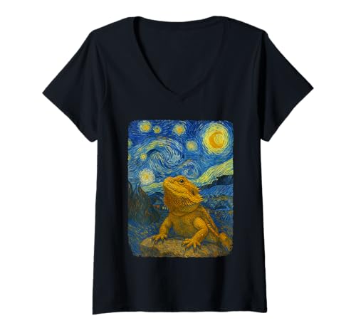 Damen Bartdrache Bewunderung Mond Sternennacht Van Gogh lustig T-Shirt mit V-Ausschnitt Damen Bartdrache Bewunderung Mond Sternennacht Van Gogh lustig T-Shirt mit V-Ausschnitt von Bearded Dragons Howl At Moon