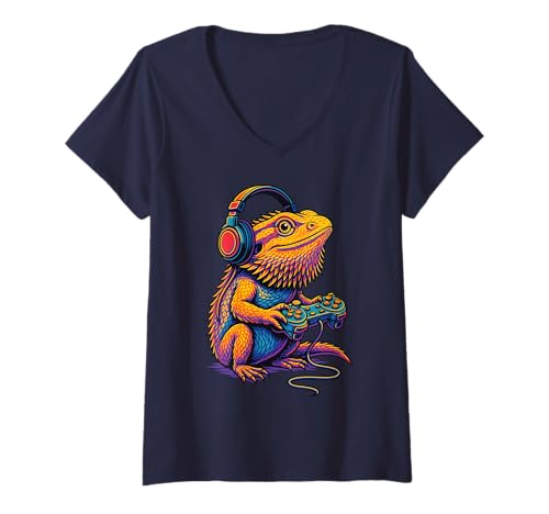 Damen Cute Bearded Dragon Videospiel-Controller Lustiger Gamer T-Shirt mit V-Ausschnitt von Bearded Dragons Howl At Moon