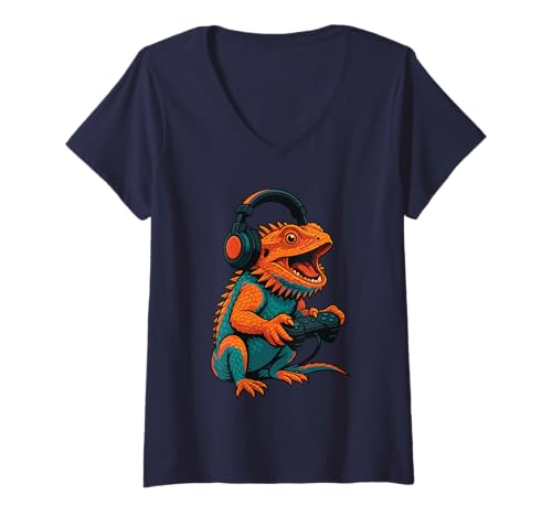 Damen Cute Bearded Dragon Videospiel-Controller Lustiger Gamer T-Shirt mit V-Ausschnitt von Bearded Dragons Howl At Moon