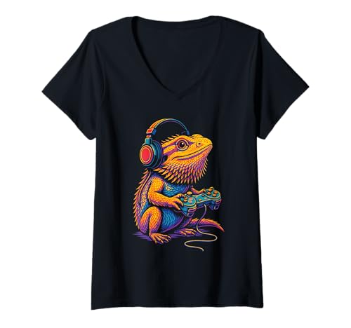 Damen Cute Bearded Dragon Videospiel-Controller Lustiger Gamer T-Shirt mit V-Ausschnitt Damen Cute Bearded Dragon Videospiel-Controller Lustiger Gamer T-Shirt mit V-Ausschnitt von Bearded Dragons Howl At Moon
