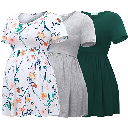 Bearsland Maternity Tops Short Sleeve Scoop Neck Breastfeeding T-Shirt Pregnancy Clothes，Green&Light Gray&White Flower,L von Bearsland