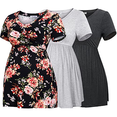 Bearsland Maternity Tops Short Sleeve Scoop Neck Breastfeeding T-Shirt Pregnancy Clothes，Navy Gray&Light Gray &Black Flower,L von Bearsland