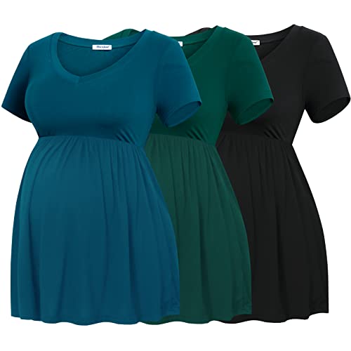 Bearsland Schwangerschafts-Tops Kurzarm U-Ausschnitt Stillen T-Shirt Schwangerschaft Kleidung, Schwarz & Grün & Seeblau, Large von Bearsland