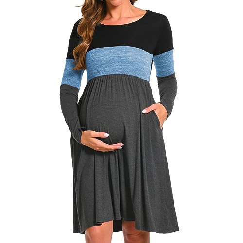 Bearsland Women’s Long Sleeve Maternity Dresses Patchwork Pregnancy Dress with Pocket, Blue, L von Bearsland