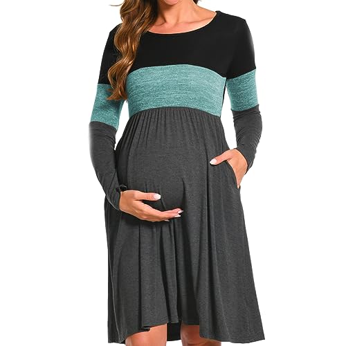 Bearsland Women’s Long Sleeve Maternity Dresses Patchwork Pregnancy Dress with Pocket, Green, S von Bearsland