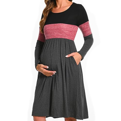 Bearsland Women’s Long Sleeve Maternity Dresses Patchwork Pregnancy Dress with Pocket, Maroon, XL von Bearsland