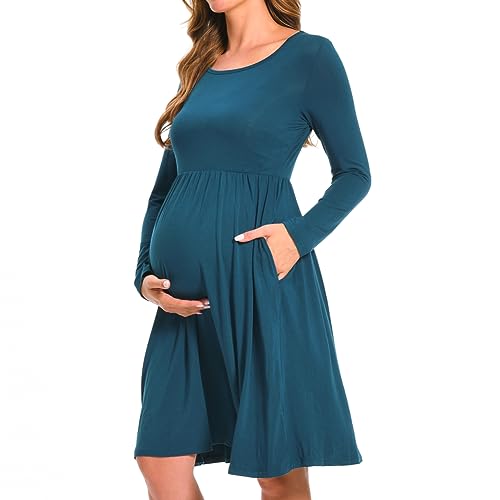 Bearsland Women’s Long Sleeve Maternity Dresses Patchwork Pregnancy Dress with Pocket, Vivid Blue, L von Bearsland