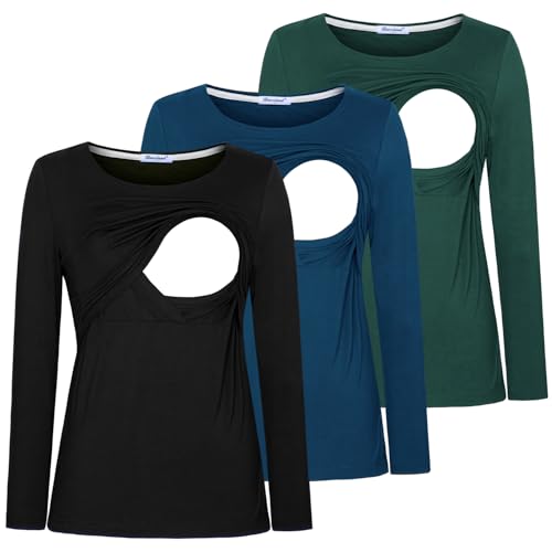 Bearsland Women's Nursing Shirt Long Sleeve Round Neck Breastfeeding Top, Schwarz & Vivid Blue & Deep Green, L Bearsland Women's Nursing Shirt Long Sleeve Round Neck Breastfeeding Top, Schwarz & Vivid Blue & Deep Green, L von Bearsland
