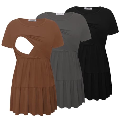 Bearsland Women’s Nursing Top 3pack Short Sleeve Scoop Neck Nursing Shirt Breastfeeding Shirts, Black & Iron Grey & Mocha Brown, L von Bearsland