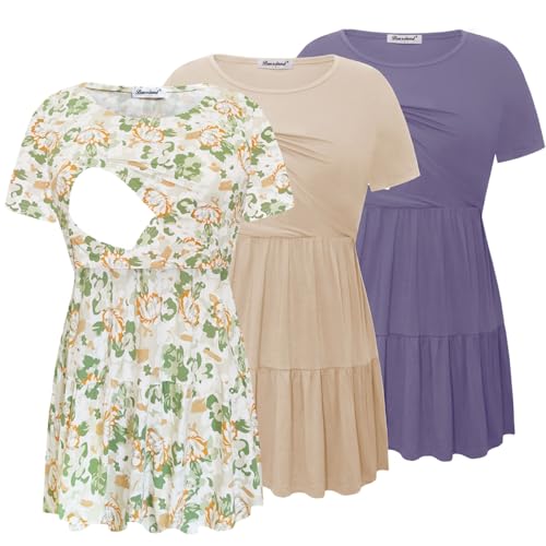 Bearsland Women’s Nursing Top 3pack Short Sleeve Scoop Neck Nursing Shirt Breastfeeding Shirts, Purple & Khaki & Green-White Flower, XL von Bearsland