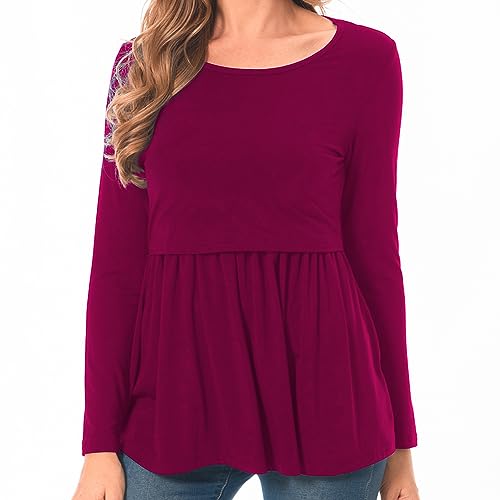 Bearsland Women's Nursing Tops Long Sleeve Scoop Neck Breastfeeding Shirt Maternity Clothes, Purplish Red, L von Bearsland